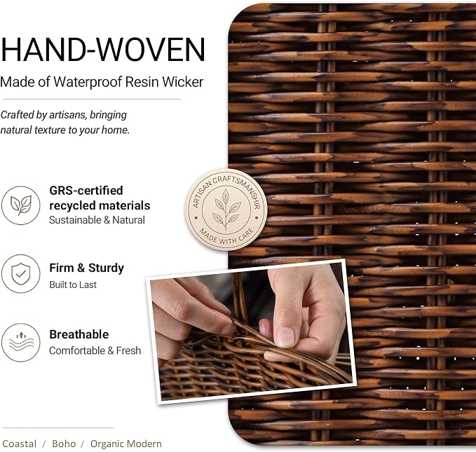 Pantry Organizers, Handwoven Large Wicker Baskets for Shelves, Labeled Storage Baskets for Organizing with Handles - Waterproof Plastic Storage Bins, Boho Decorative, 3Pack, Brown