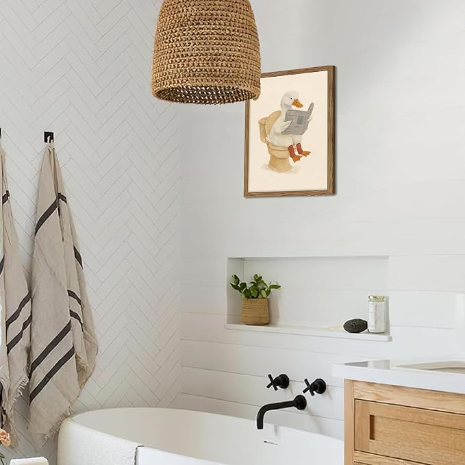 Framed Duck Bathroom Wall Art, Whimsical Duck Reading on Toilet, Funny Kids Bathroom Wall Decor, Vintage Farmhouse Toilet Decor, Cute Animal Canvas Print for kids Room 16x24 inch