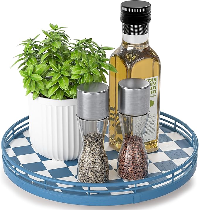 Blue and White Checkerboard Lazy Susan with Rubberwood Base and Metal Rail | Smooth rotating oak tray with walnut finish for dining tables, kitchen counters, pantries and cabinet storage.