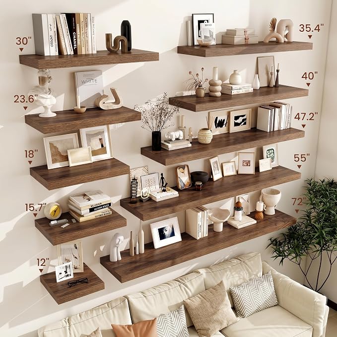 Vivelove Deep Floating Shelves 40x12” Set of 2, Walnut | Easy Install With Hardware, 2" Thick, Invisible Brackets, Wall Mounted, No Sagging, For Any Room