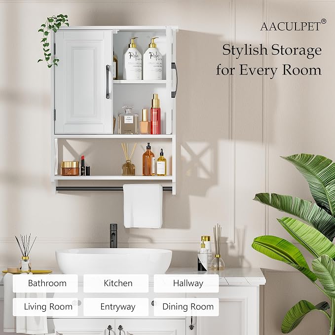 20" x 25" Bathroom Wall Cabinet with Towel Bar, White Painted Wall Mounted Storage Cabinet with Adjustable Shelf, Over The Toilet Medicine Cabinet, Wood Wall Cabinet for Bathroom Laundry Room
