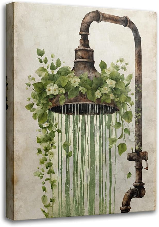 XcwDt is Vintage Rust Spray Head Canvas Wall Art,Shower Head Green Painting Print,Farmhouse Bathroom Botanical Nature Wall Decor,for Toilet Living Room Farmhouse Laundry Room 16 x 24 In