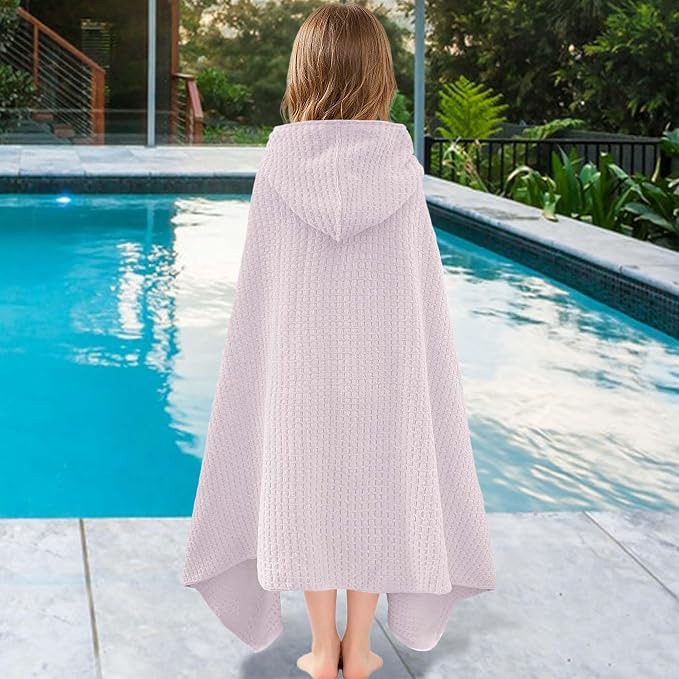 VOOVA & MOVAS Kids Hooded Bath Towel, 6-10 Years, 100% Cotton,Purple Waffle | Smooth Solid Waffle Fabric, Thick Fluffy Feel, Perfect for Daily Bath and Swimming
