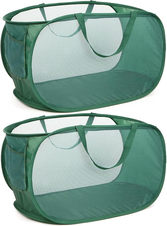 Sturdy Mesh Pop Up Laundry Hamper, Collapsible Laundry Baskets with Side Pocket, Foldable Clothes Hamper with Reinforced Carry Handles for Laundry, Bathroom, Kids Room, Dorm or Travel 2 Pack Emerald