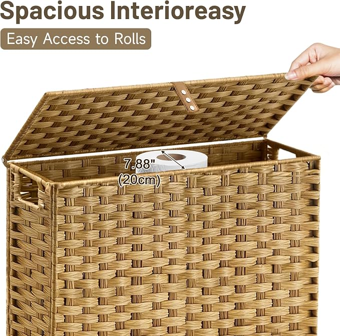Hiagnete Toilet Paper Storage Basket with Lid and Wheels, Rattan Toilet Paper Holder Storage, Toilet Paper Organizer for Bathroom, Bedroom, Kitchen, 19.7”L x 7.9”W x 24.62”H, Natural