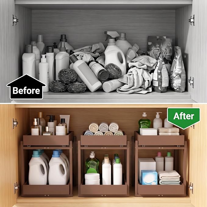 MHXW SXPN Bamboo Under Sink Organizer, 2 Pack Pull Out Cabinet Organizer | 2 Tier Vertical Smooth Slide Out Undersink Storage Shelf | Multi-Purpose Organizer Shelves for Kitchen Bathroom Medicine