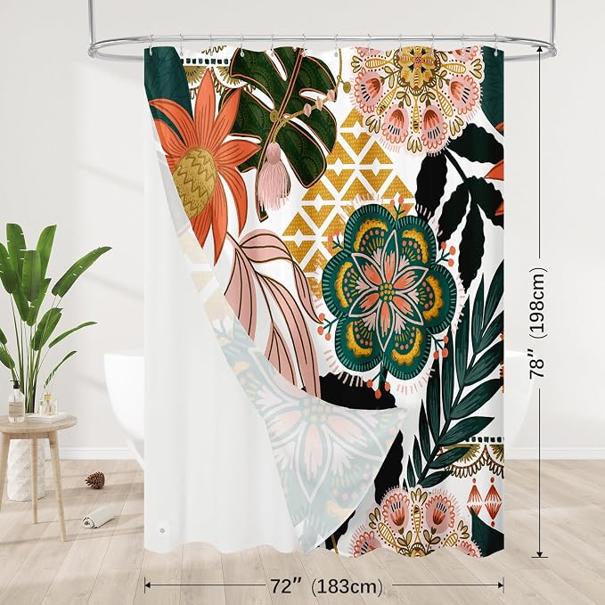 MitoVilla 3 in 1 Long Boho Floral Shower Curtain Set-72 W x 78 H, Chic Elegant Shower Curtain and Waterproof Fabric PEVA Liner Set with 12 Stainless Steel Hooks
