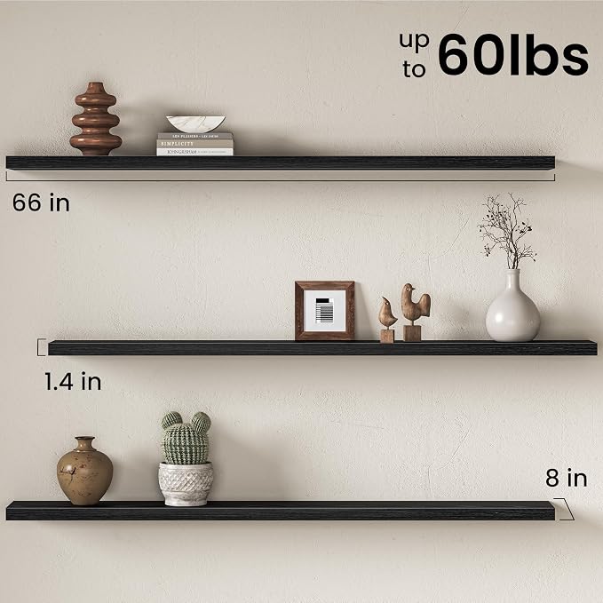 Floating Shelves for Wall, 66 Inch Floating Shelves Set of 2, Wall Mounted Rustic Wood Shelf for Bathroom, Living Room, Bedroom and Kitchen, Hanging Shelf for Storage, Books, Home Decor, Black