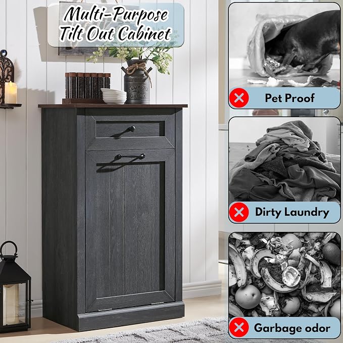 IFBUY Tilt Out Laundry Hamper Cabinet, Trash Can Cabinet, Dark Grey | 10 Gallon Farmhouse Trash Cabinet w/Drawer, Hidden Wood Garbage Can Cabinet w/Laundry Storage Basket for Bathroom, Kitchen