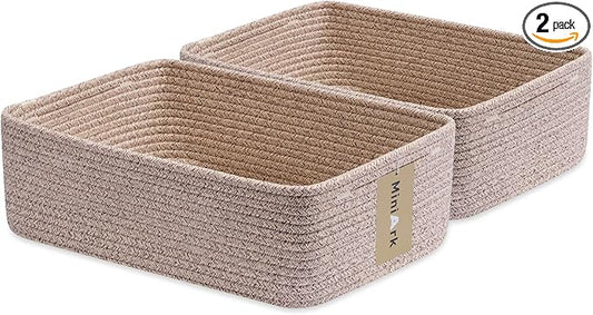 MiniArk Large Shallow Organizing Baskets 15x11x5.1 Inches - Rope Woven Storage Bins for Bathroom, Shelves, Cube Closet, Mixed Brown 2 Packs