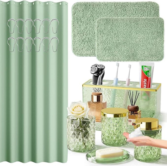 Green Bathroom Accessories Set - 20PCS Glass Bathroom Set with Shower Curtain and Rugs, Soap Dispenser, Soap Dish, Cup, Qtip Jar, Toothbrush Holder, Stylish & Functional Bath Decor for Home, Apartment