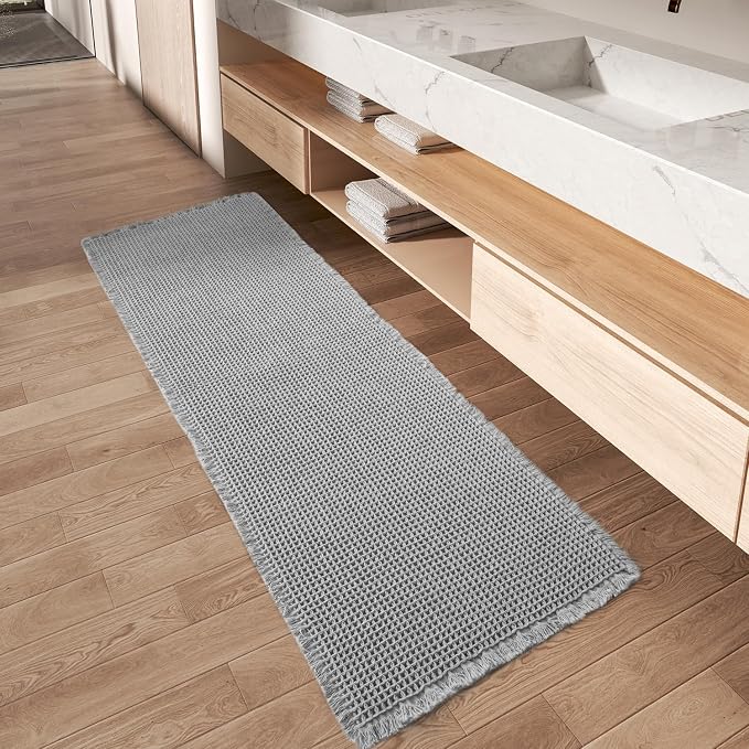 Upgraded Waffle Runner Rug, Super Absorbent Non Slip Bath Mats for Bathroom Floor, Washable Bathroom Runner Rug with Tassels, Ideal for Hallway Bedroom Laundry Room, Light Grey, 2'x 4'(24" x 48")