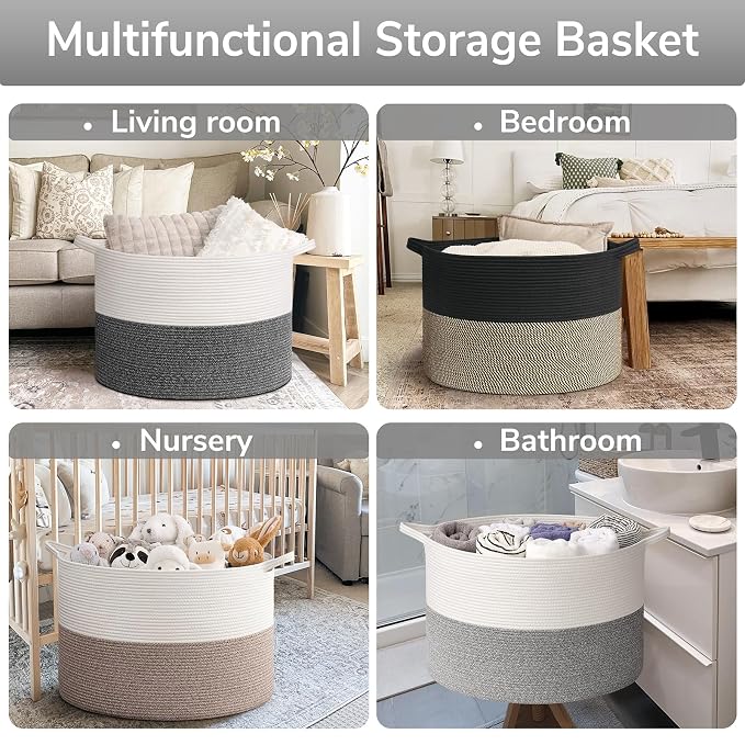 Goodpick Extra Large Woven Blanket Basket Living Room & Playroom, 115L | 23.5 x 23.5 x 15.8 In Woven Basket for Storage, Kids Toy Storage for Playroom, Laundry Basket for Towels, Gray