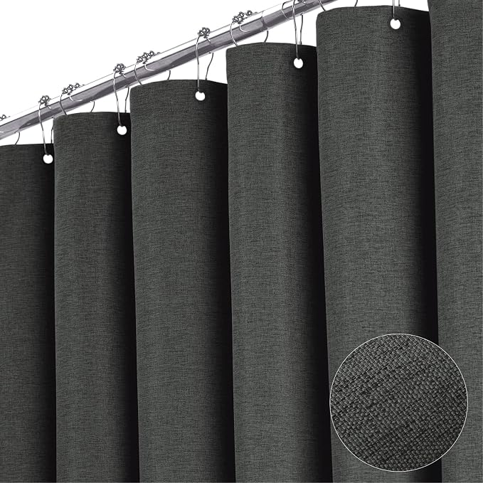 Long Linen Textured Waterproof Shower Curtain Set, 72x84, Grey/Gray | Tall Size, 230GSM Polyester, Heavy Duty Cloth, Weighted Hem, 12 Plastic Hooks, Modern Luxury Hotel Style, Machine Washable