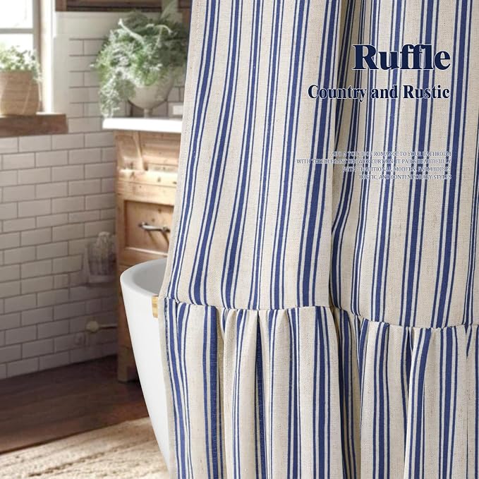 Farmhouse Shower Curtain Ruffle Linen Cream-Blue Stripe 72"W x 90"L | Farmhouse Boho, Striped, Bottom Ruffle, Linen Fabric, Rustic, Country, Natural Look, Washable, for Bathroom Bathtub
