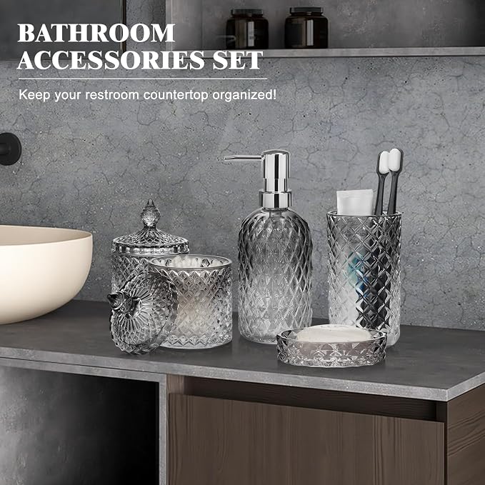 Bathroom Accessories Set, 5Pcs Gradient Glass Bath Accessory Sets Complete, Glass Bathroom Accessories with Soap Dispenser, Soap Dish, Toothbrush Holder, Qtip Holder