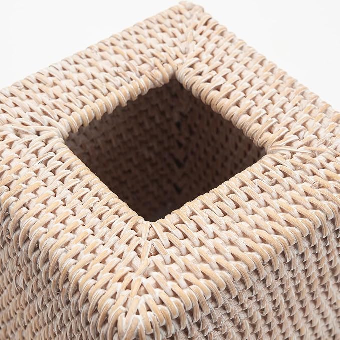 Rattan Tissue Box Cover Square, Wicker Tissue Box Holder, Decorative Woven Facial Tissue Holder for Bathroom, Kitchen, Living Room, Bedroom (Whitewash)