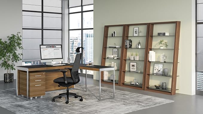 BDI Furniture Eileen 5166-74" x 34.25'' Leaning Shelf for Living Room, Family Room or Office with 5 Polished Tempered Glass Shelves, Natural Walnut