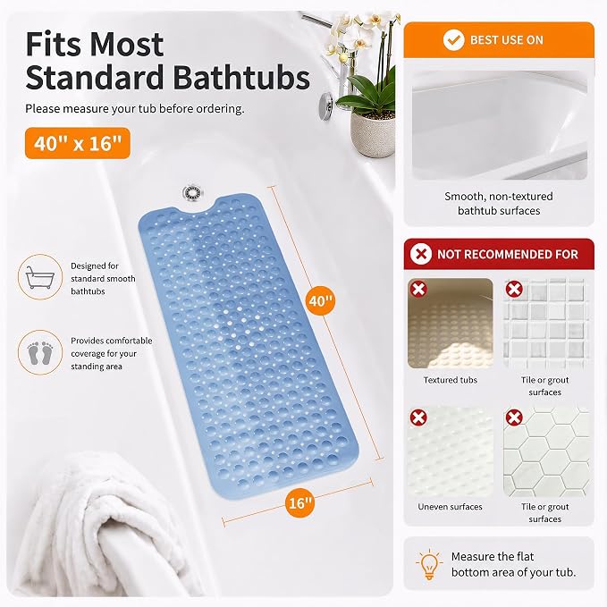 Yimobra Non Slip Bathtub Mat 40 x 16 Inch, Extra Long Shower Mat with Drain Holes, Machine Washable Baby Bath Mats, Strong Suction Cups for Bathroom Floor, Blue