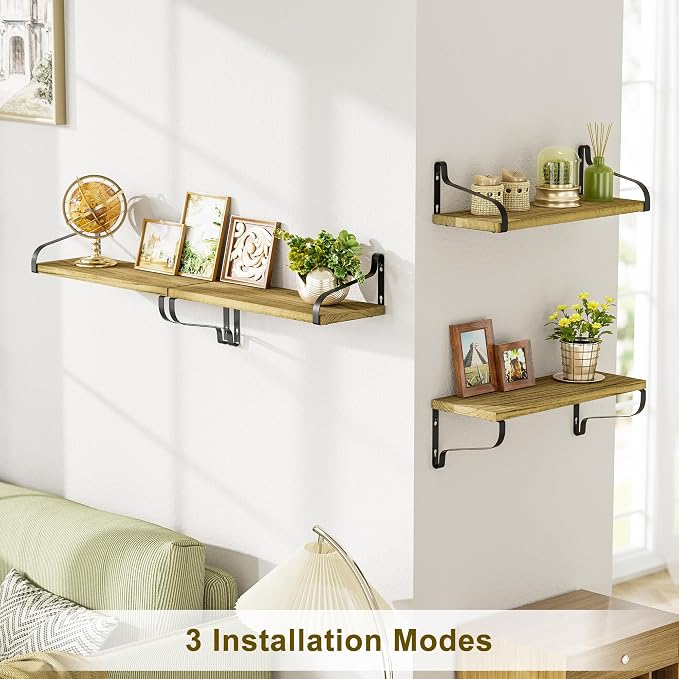 Love-KANKEI 15.7"Floating Wall Shelves Set of 4,Solid Wood,Carbonized Black | 3 Installation Methods,Easy to Install,44 Lbs/shelf,For Bedroom,Bathroom,Kitchen,Living Room,Office Nursery Display,Decor