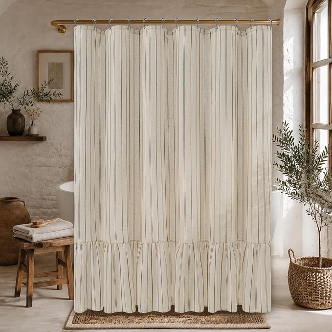 Yinhua Farmhouse Linen Shower Curtain with Ruffle, Vintage Striped Long Shower Curtains Set for Bathroom, Tan Waterproof Bath Curtain with 12 Metal Hooks, Heavy Duty Washable Cloth, 72" W x 84" L