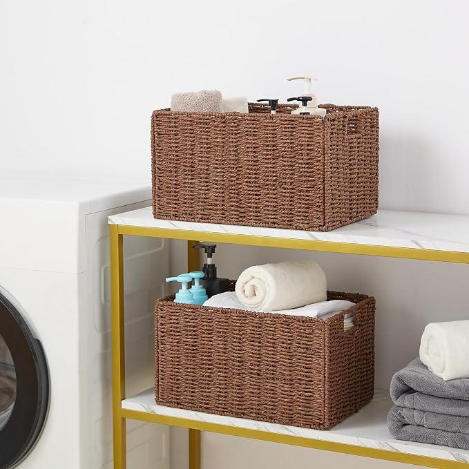 Wicker Storage Basket, Set of 2 Hand-Woven Paper Rope Wicker Basket, Small Storage Baskets for Organizing Toilet Paper Basket, Foldable Large Cube Storage Organizer Bins for Shelves (Brown)