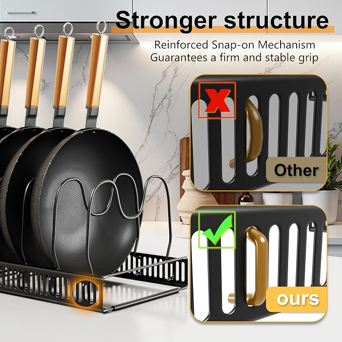 Pots and Pans Organizer Rack for Under Cabinet Expandable Pot Lid holders inside Organizer 10 Adjustable Divider Pan organizer 11.81''-22.85'' Pan lid organizer for cabinet Organizer for Bakeware