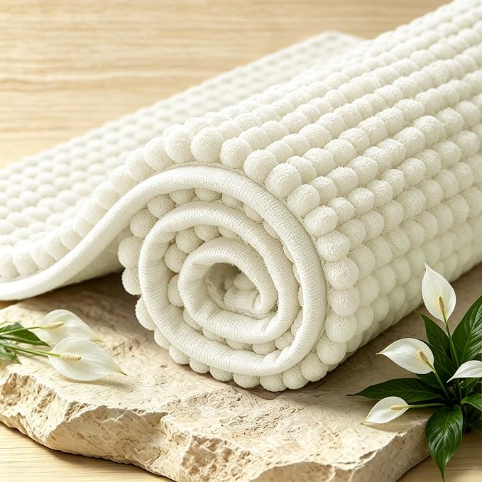 SUBRTEX Bathroom Rugs, U Shaped Chenille Bath Rug 24" x 20" Soft Short Plush Bath Mat Soft Shower Mat Water Absorbent Shower Mat Quick Dry Machine Washable, Cream White