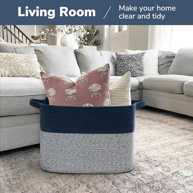 Goodpick 50L Large Woven Storage Basket, 18" x 14" x 12", Blue | Stylish Gift Basket for Home Decor, Cotton Rope Baskets for Blankets & Toys Storage, Living Room & Bedroom Organization