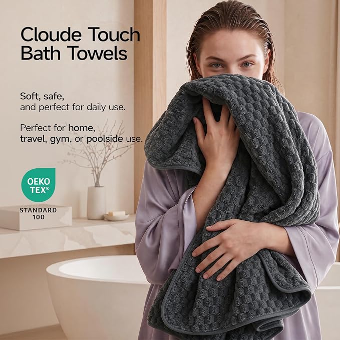 REDKISS 4 Pack Charcoal Gray Microfiber Bath Towels Large 30"x60" | Super Absorbent, Quick Dry, Super Soft, Lint Free, Fluffy Towel for Bathroom, Spa, Gym, Travel, Dorm, Ideal Everyday Use