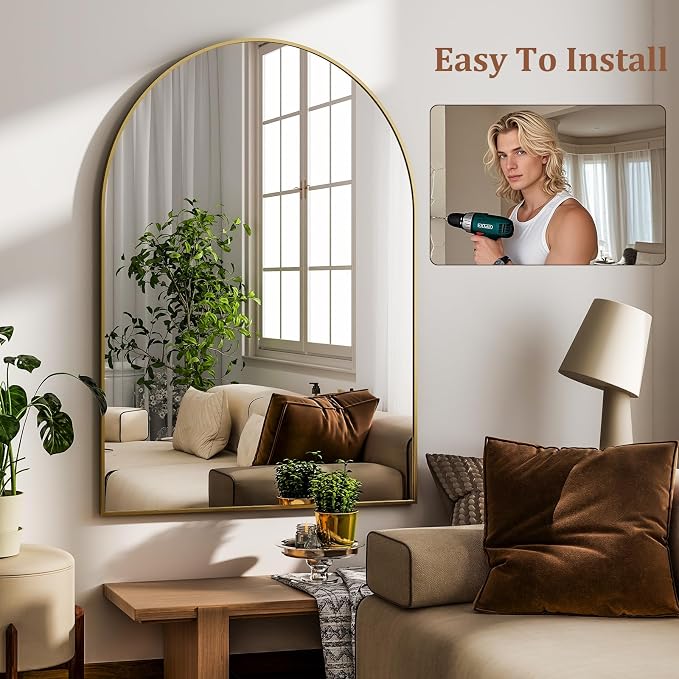 HARRITPURE Arched Wall Mirror 24"x36" Gold Metal Frame Vanity Mirrors | Aluminum Alloy Frame Bathroom Mirror Living Room, Bedroom and Entryway