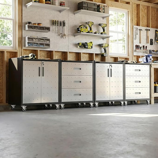 Garage Storage Cabinet System,Wall Cabinet & Locking Rolling Tool Cabinet with Doors and Adjustable Shelves