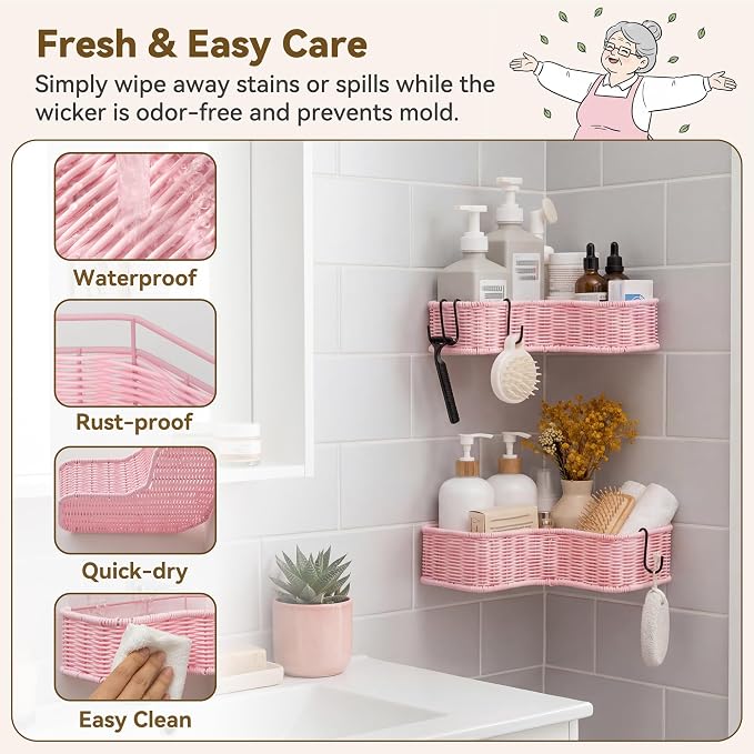GRANNY SAYS Wicker Corner Showers Caddy Hanging, Bathroom Showers Organizer | Pink Shower Shelf for Inside Showers, Adhesive Shelf for Storage, Bathroom Shelves Wall Mounted with 4 Hook for Decor,2 Pack