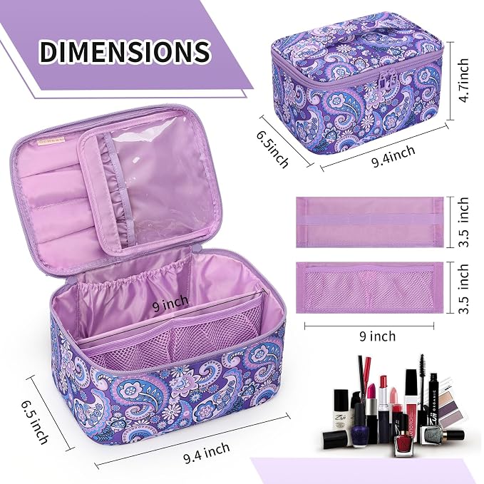 Makeup Bag - Portable Large Capacity Travel Cosmetic Case for Women with Handle and Divider Toiletry Organizer for Girls on the Go -Purple