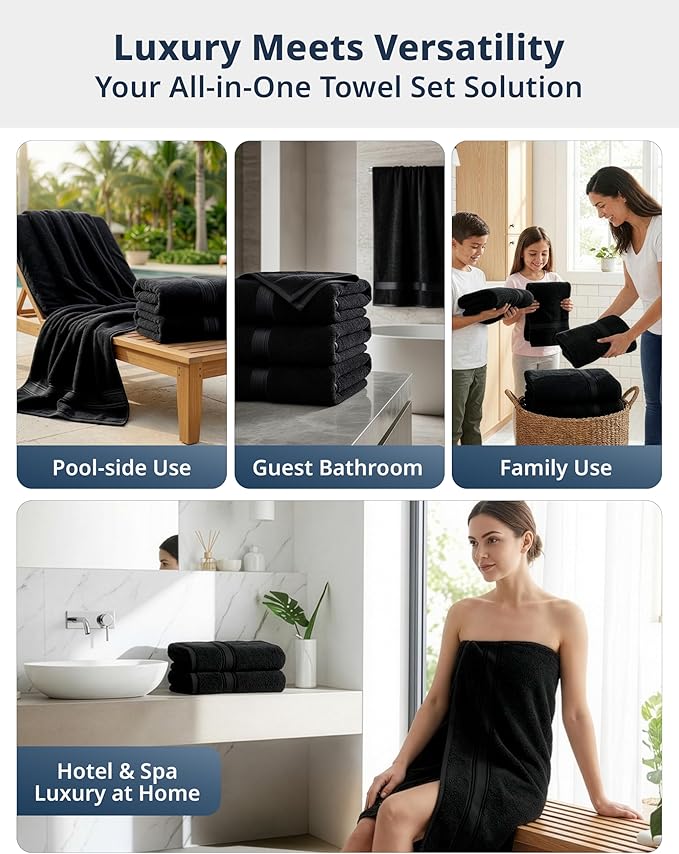 LANE LINEN Bath Towel Set 100% Cotton 4 Piece Soft Absorbent - Black | Cotton Towels For Bathroom - Zero-Twist Cotton, Terry Weave Comfort, Long-Lasting Comfort, Hotel-Style Look