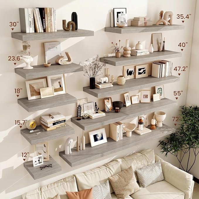 Vivelove Square Floating Shelves 12x12” Set of 2, Grey | Easy Install with Hardware, Invisible Brackets, No Sagging, Living Room Display Shelf, 2" Thick，Engineered Wood