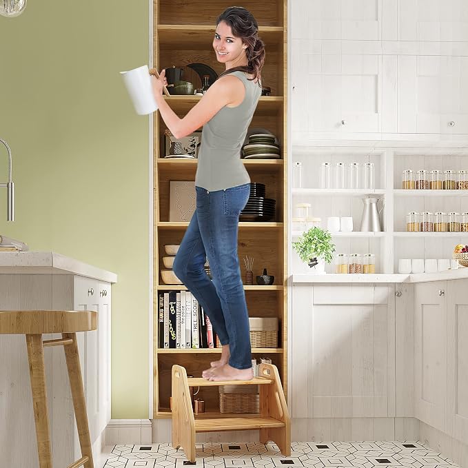 AMBIRD Wooden Step Stool, Two Step Stools Toddler 300 lbs Capacity with Safety Non-Slip Pads and Handles, Bamboo Step Stool for Bathroom, Kitchen Dual Height Step Stools for Kids (Natural)