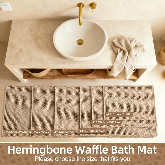 Sunfly Waffle Bath Mat, Boho Bath Rugs for Bathroom Floor Super Absorbent & Quick Dry, Non-Slip Washable Bath Mat with Tassels, Ultra Soft Farmhouse Bathroom Decor 16"*24" Beige