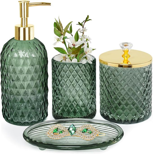 Haturi Glass Bathroom Accessories Set, Sage Green Bathroom Set, 4 Pcs | Kit w/ Bathroom Soap Dispenser Set, Toothbrush Holder, Qtip Holder,Soap Dish, Green Bathroom Decor, Gift for Home Apartment