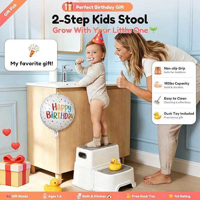 Toddler Step Stool for Potty Training, Bathroom Sink & Toilet - 2 Step Kids Poop Stool, Non-Slip Step Stool with Handles, Dual Height Stepping Stool for Kitchen Counter (Include 2 Ducks)