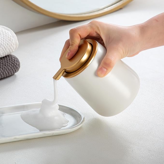 Enra Foaming Soap Dispenser, White Ceramic Hand Soap Dispenser Gold Pump | 12oz Ceramic Body with Wide-Mouth Refill Opening. Neutral Gray Finish Adds Style to Kitchens, Vanities and Countertops.