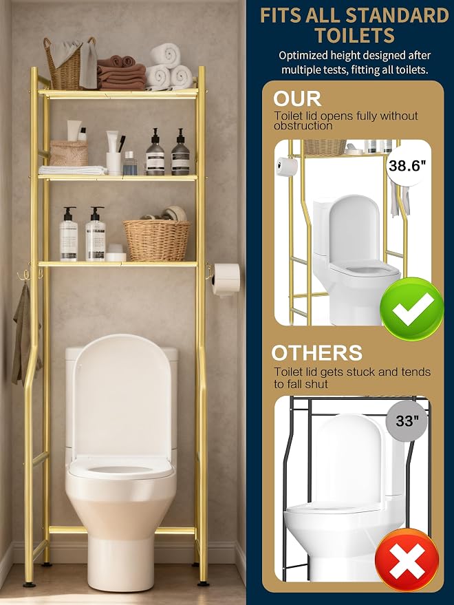 3-Tier Over Toilet Storage, Anti-Tilt, 64" H, Gold | Carbon Steel, 60lb Capacity, 26"L x 8.6"W x 64"H, Freestanding, 4 Hooks, No Drilling