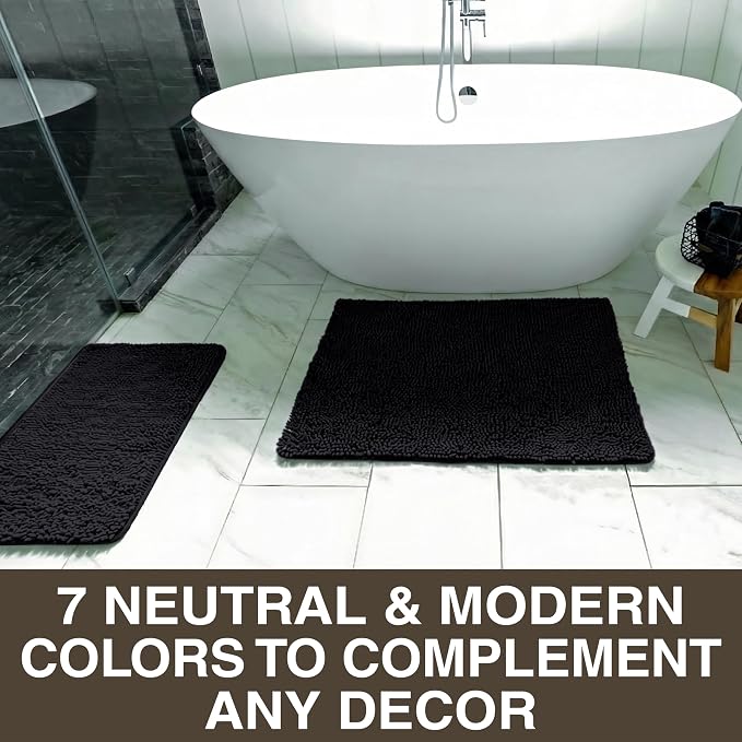Neater Home Plush Bathroom Rugs 24x17 Thick Chenille Quick Dry Microfiber Absorbent Bath Mat, Soft Bath Rugs, Machine Washable Bathroom Floor Mat for Tub Shower Sink, Home Decor Accessories, Black