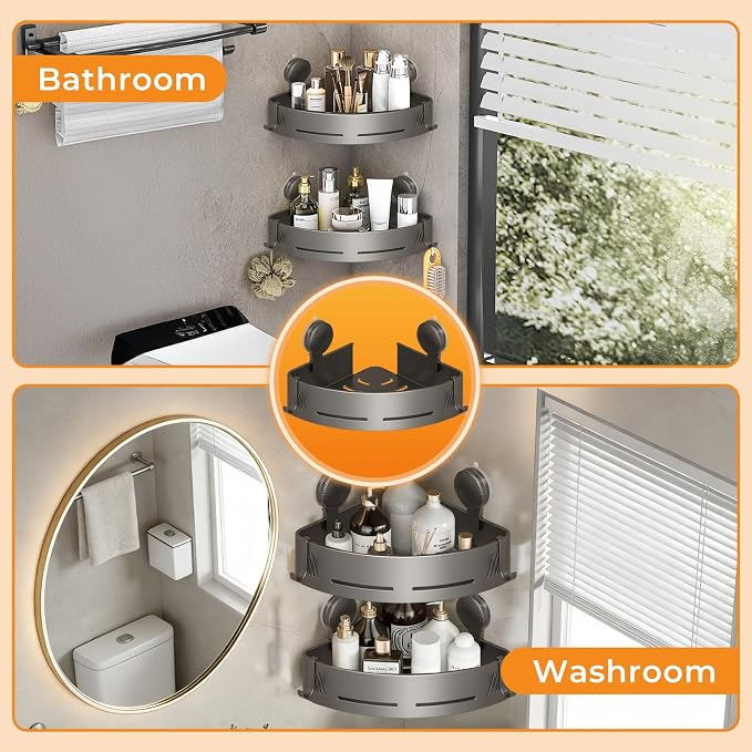 Triangular Corner Shower Caddy 2-Pack with Suction Cups and Hooks | Gun grey aluminum shower shelves for smooth corner walls; no drilling, suction cup mounting and built-in hooks