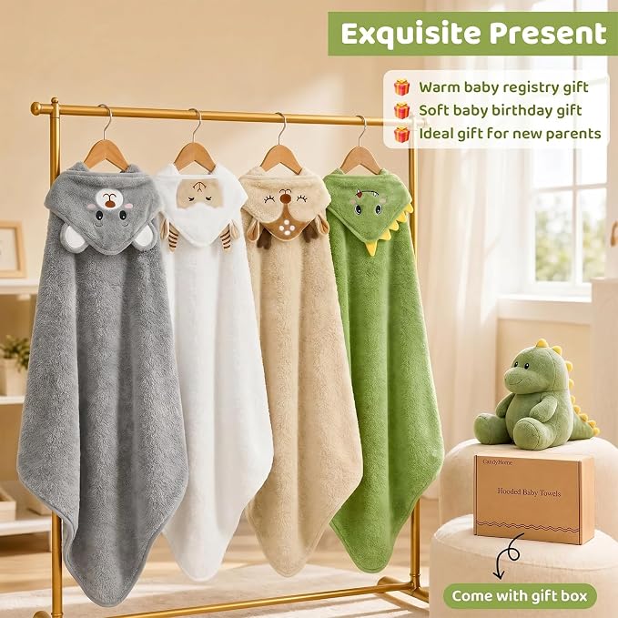 12 PCS Baby Bath Towels Set, Baby Towels for Newborn Bath Essentials Gifts | Animal Hooded, Ultra Thick Soft Absorbent, 4 Baby Towels & 8 Washcloths for Boy Girl Infants (Dinosaurs, Sheep, Elk, Bear)