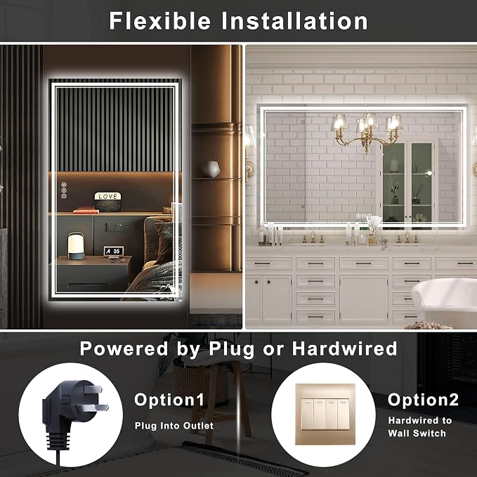 48''x36'' Lighted Mirrors for Bathroom Wall Backlit + Front Lit, Rectangular LED Bathroom Mirror Frameless with Lights Anti Fog, Dimmable, 3 Colors,Tempered Glass, Shatter-Proof (Color 1