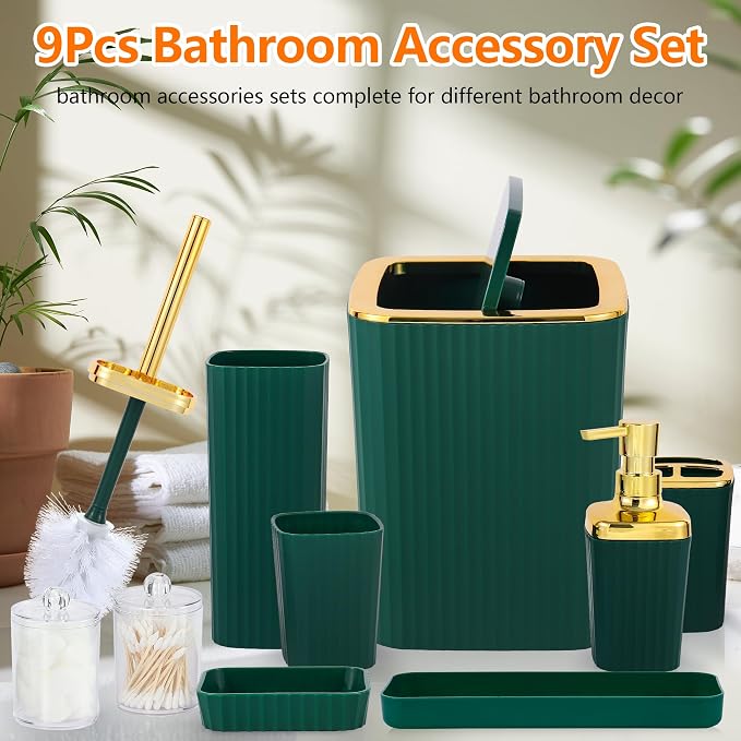 9 PCS DarkGreen Bathroom Accessories Set with Trash Can Bathroom Accessory | All-in-One Kit with Trash Can,Toothbrush Holder,Soap Dispenser,Toothbrush Cup,Vanity Tray,Soap Dish,Toilet Brush etc for Home