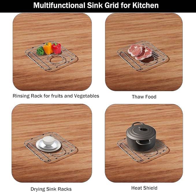 Sink Protectors for Kitchen Sink, 16"x12.5" | Rust-Resistant Grid for Kitchen Sink Bottom Scratch Prevention 304 Stainless Steel Sink Protector Rack with Center Drain Hole