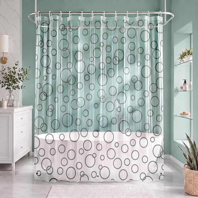 Clear Shower Curtain Liner, Geometric Abstract PEVA, 72x72 Inch | Circle Modern Waterproof Bath Plastic Shower Curtains Set with 3 Weighted Magnets and 12 Hooks for Bathroom Decor