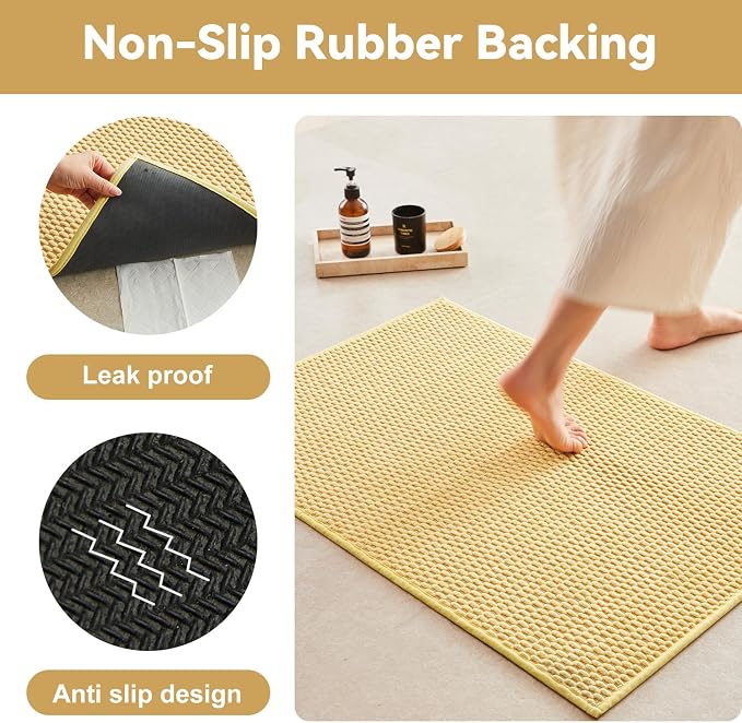 Triohero Bathroom Rugs Non Slip Washable, Super Absorbent Thin Bath Mat Quick Dry Low Pile Bathroom Rug, Yellow 24"x47"